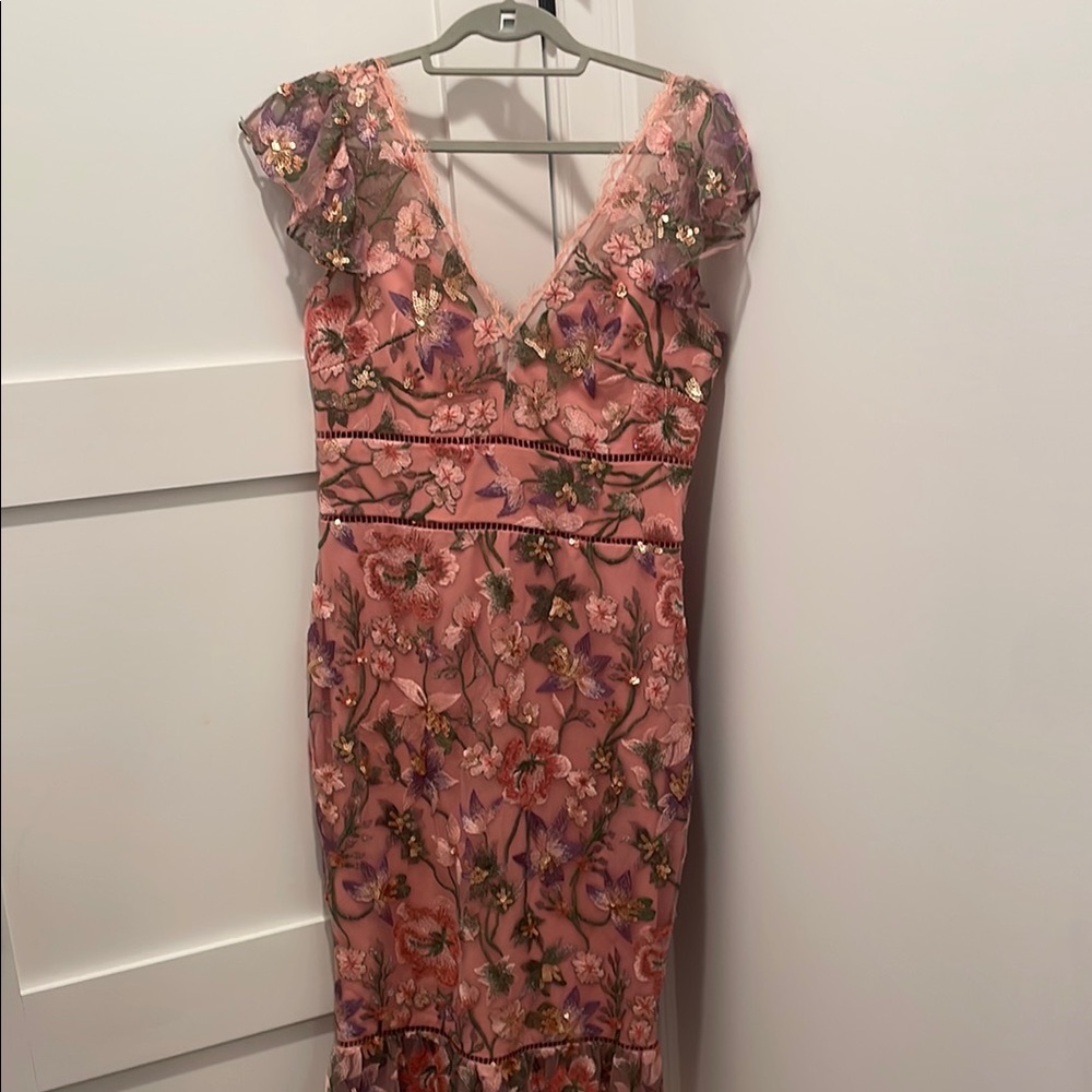 Marchesa Pink Sheath Midi Dress with Flutter Sleeves